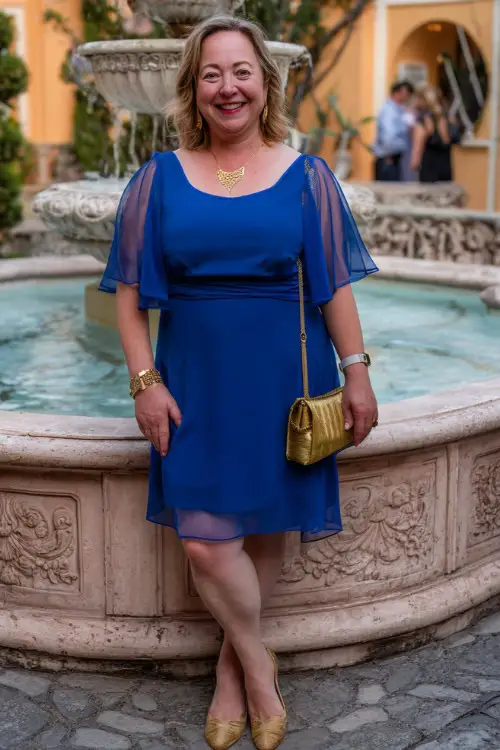A plus-size woman over 50 wearing a royal blue knee-length dress with sheer flutter sleeves and gold accessories, standing near a decorated wedding fountain