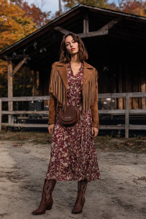 A woman wears a floral long sleeve midi dress with a suede fringe jacket, styled with cowboy boots and a crossbody bag, standing in a rustic outdoor stage surrounded by autumn leaves