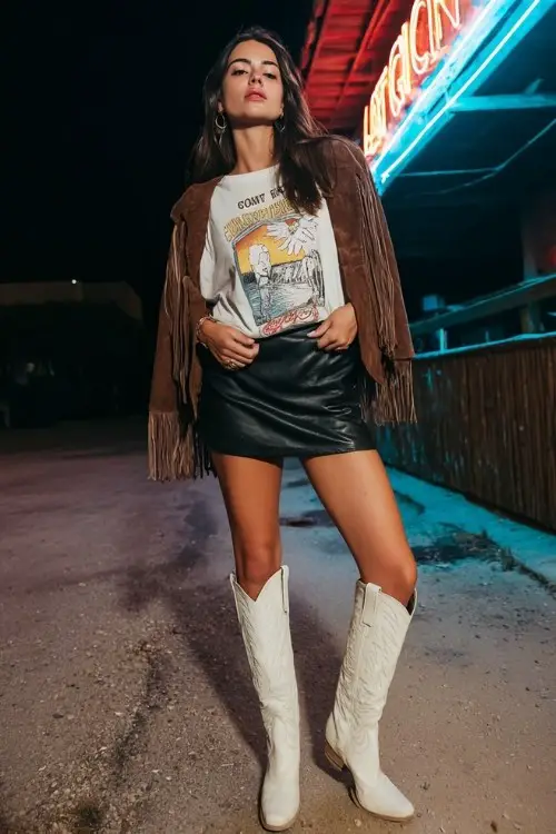 A woman wears a black leather mini skirt with a graphic tee tucked in, paired with tall white cowboy boots and a fringe suede jacket