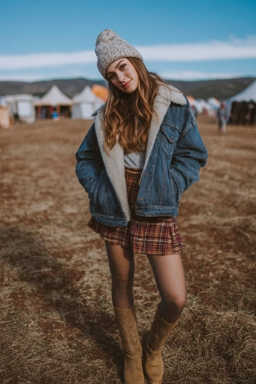 A woman wears a denim shearling jacket over a plaid skirt and tights, styled with western boots and a knit beanie, standing in a chilly autumn field at a music festival