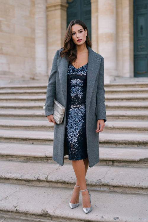 A woman wears a midnight blue sequin midi dress with long sleeves, layered under a chic gray wool coat, accessorized with silver heels and a matching clutch