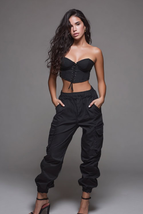 A woman wearing a black corset top with high-rise cargo pants and heeled sandals, styled for a bold and trendy NYC summer night look, simple studio background
