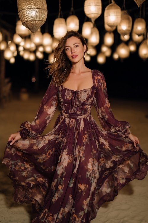 A woman in a plum floral-print chiffon dress with long sleeves and a square neckline (2)