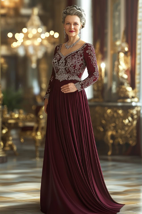 A mature woman in a burgundy floor-length evening dress with a fitted bodice, long sleeves, and a subtle shimmer, wearing elegant stiletto heels and diamond jewelry