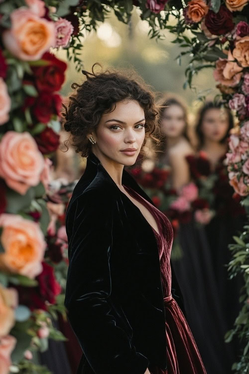 A woman wears a deep burgundy velvet dress with a long black coat, posing for photos with the wedding party in front of a floral arch (2)