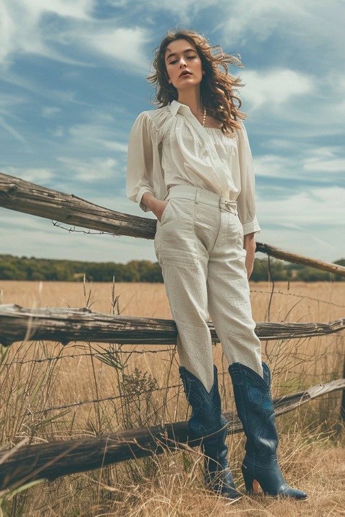 a man wears black cowboy boots, a white blouse, and beige pants