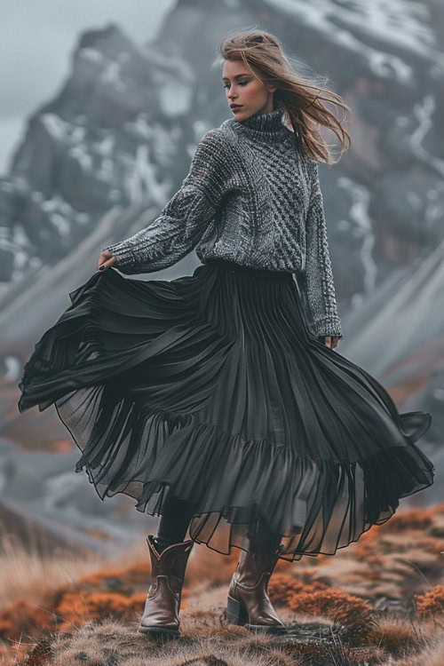 A woman wears a long black skirt, a grey sweater and brown cowboy boots