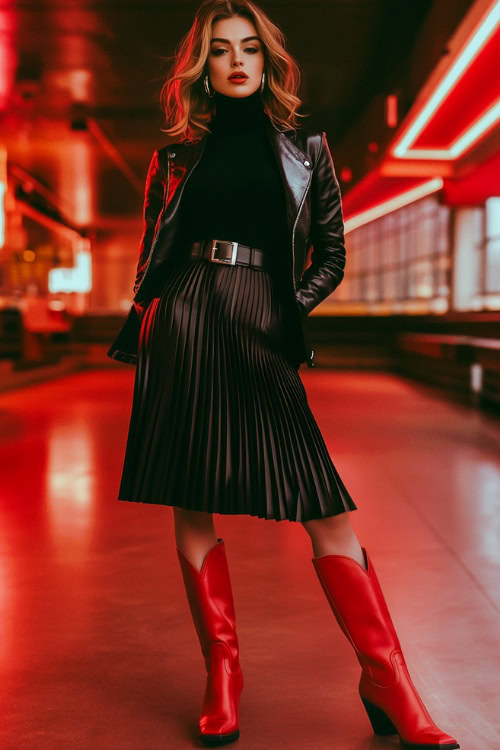 a woman wears red cowboy boots with black outfit