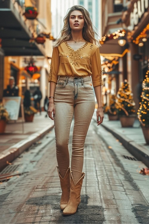 a woman wears a yellow top, pants and short cowboy boots