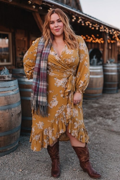 A plus-size woman in a mustard floral wrap dress with long bishop sleeves and a ruffle hem, paired with brown cowboy boots and a plaid blanket scarf