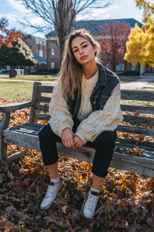 Girl in an oversized knit sweater, denim jacket, black jeans, and sneakers, sitting on a campus bench surrounded by fallen leaves