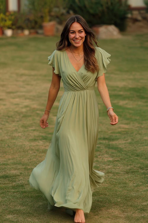 A woman wearing a flowy sage green maxi dress with short flutter sleeves and minimal jewelry, walking across a grassy lawn set up for a backyard wedding