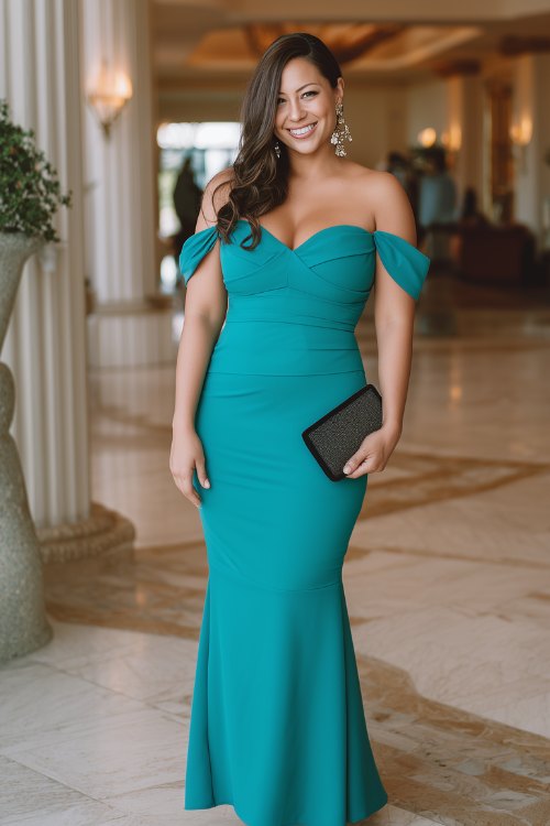 A curvy woman in a teal mermaid-style gown with off-shoulder sleeves and a structured bodice, paired with black stiletto heels and drop crystal earrings, holding a clutch
