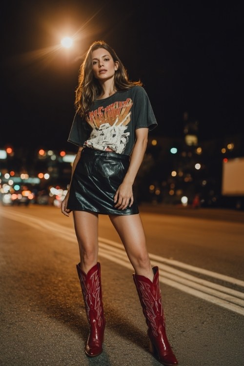 A woman wears a black leather skirt with a graphic tee tucked in, accessorized with tall red cowboy boots