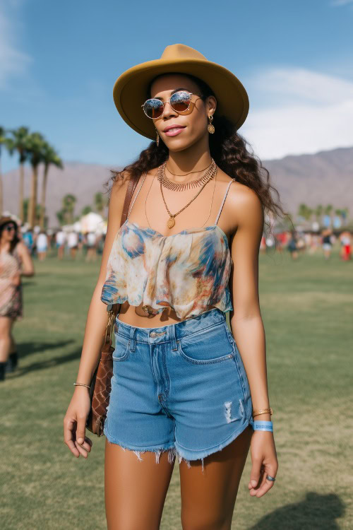 a woman wears a crop top with denim shorts in summer