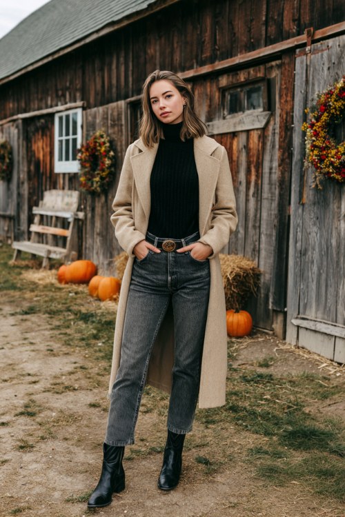 A woman wears faded jeans, black cowboy boots, and a black turtleneck sweater under a long beige coat