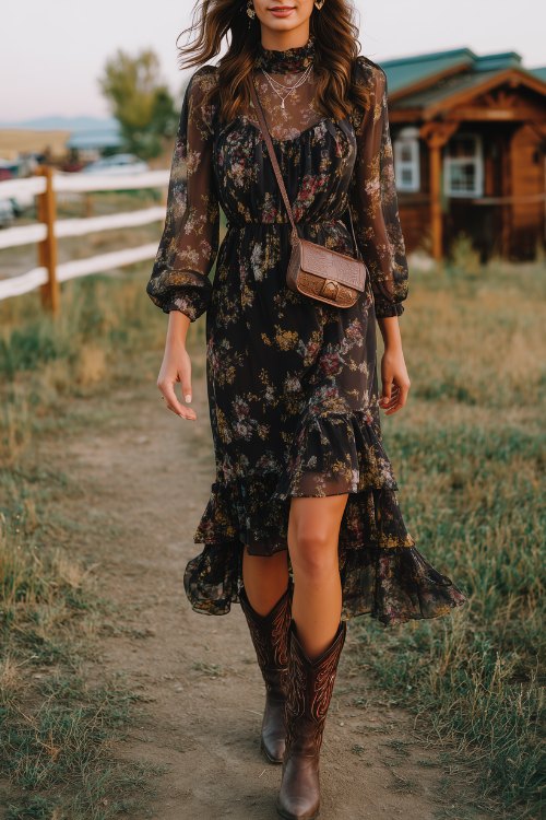 A woman in a black and gold floral chiffon dress with sheer sleeves and a ruffled hem, paired with brown embroidered cowboy boots