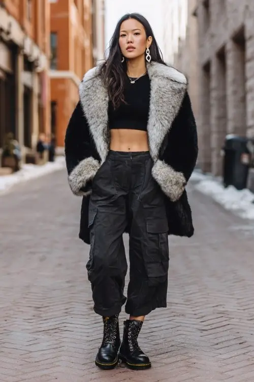 A woman wears an oversized fur-trimmed coat layered over a crop top and high-waisted cargo pants, with chunky combat boots and statement earrings