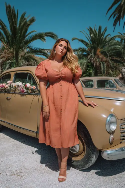 A plus-size woman in a terracotta midi dress with puff sleeves and neutral sandals, posing near a vintage car decorated with florals for a summer wedding