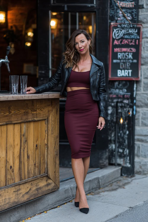 A woman over 40 in a burgundy bodycon midi dress with a cropped leather jacket and black heels, posing near a casual fall bar entrance, full body outfit visible