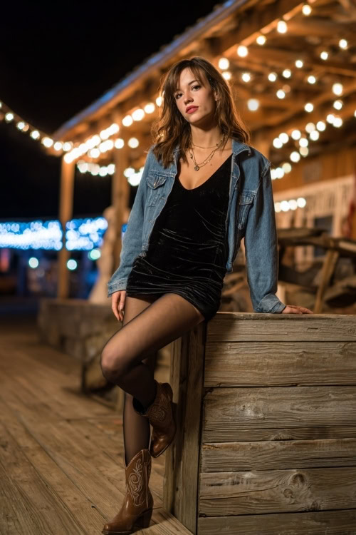 A woman wears a black velvet mini dress with sheer tights, styled with a denim jacket and pointed western boots, standing on a wooden stage glowing with country lights