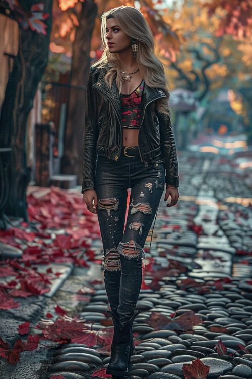 a woman wears a leather jacket, ripped jeans and black cowboy boots