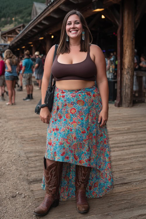 A plus-size woman in a printed wrap skirt, sleeveless crop top, and dark brown cowboy boots, accessorized with bold earrings and a crossbody bag