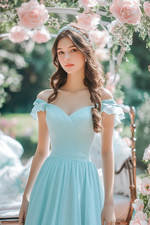 A woman in a light blue knee-length fit-and-flare dress with a V-neckline and cap sleeves, standing near a vintage wedding carriage decorated with pastel floral garlands