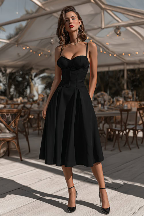A woman in a black sleeveless fit-and-flare midi dress with a structured bodice and patent heels, posing under a string-lit canopy at an upscale wedding reception