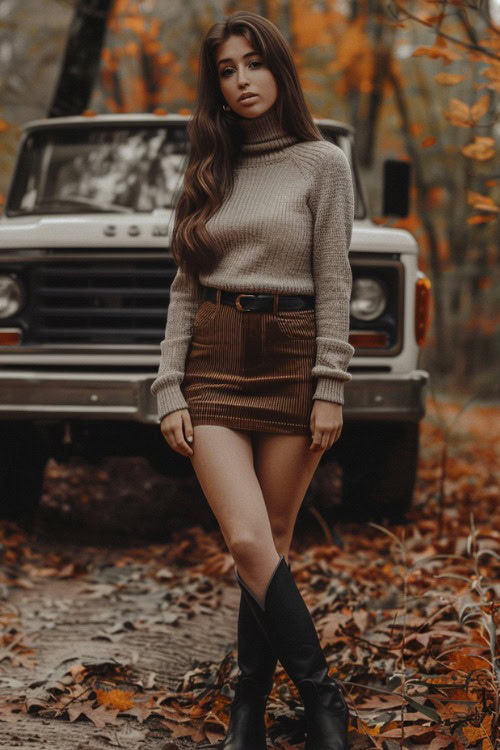 a woman wears a sweater, a brown skirt and black cowboy boots
