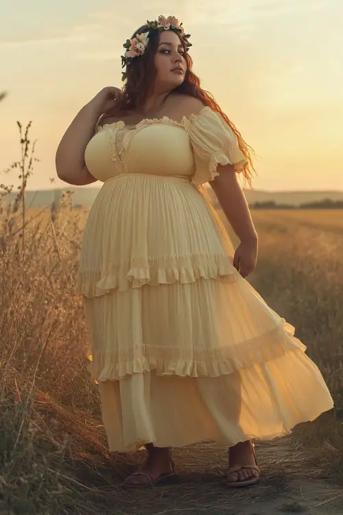 A plus-size festival-goer in a soft yellow tiered maxi dress with flutter sleeves, styled with strappy flat sandals and a flower headband