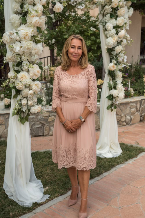 A woman over 60 in a soft blush pink A-line dress with lace overlay and block heels, posing beside a white floral arch at an outdoor ceremony, full body view