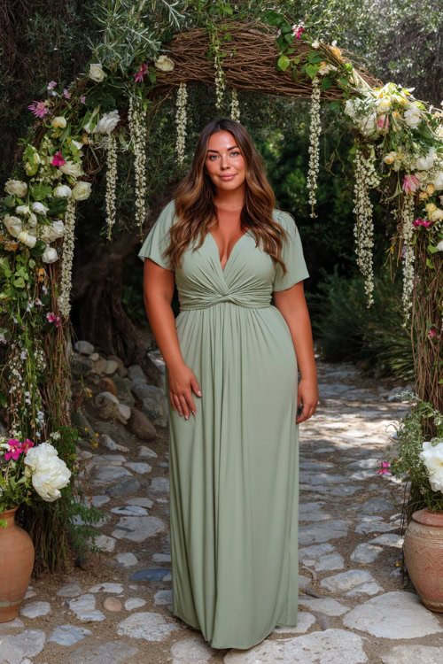 A plus-size woman wearing a sage green maxi dress with short sleeves and a defined waist, standing under a boho-inspired wedding arch with hanging florals