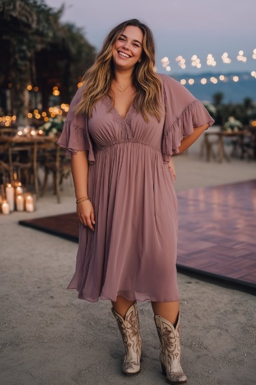A plus-size woman wears a soft mauve chiffon midi dress with flutter sleeves and embroidered cowboy boots
