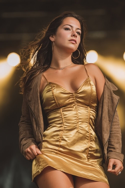 A curvy woman in a gold satin dress with a leather biker jacket, suede cowboy boots, and hoop earrings, standing under the stage lights at an outdoor concert
