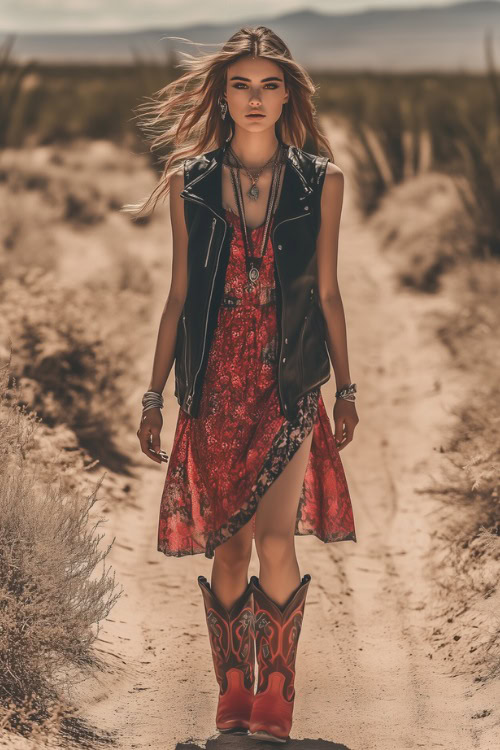 A festival-inspired outfit featuring a leather vest over a bohemian midi dress, styled with red cowboy boots and a bold statement necklace