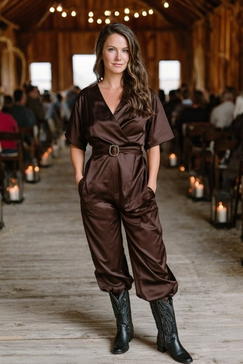 A curvy woman wears a chocolate-brown wrap jumpsuit with a satin sash, paired with black cowboy boots and a concho belt