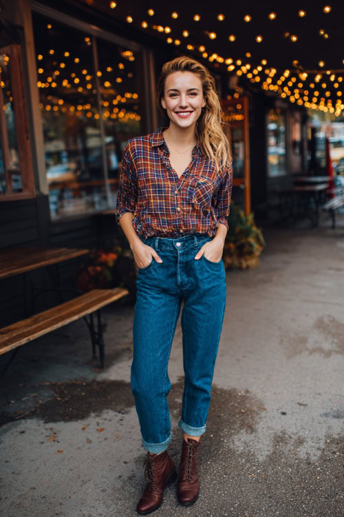 A woman wearing blue mom jeans, a plaid button-up shirt, and Chelsea boots