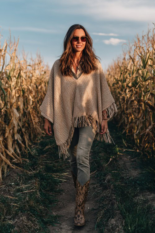 A woman over 40 wears straight-leg jeans, a cozy poncho with fringe, and snakeskin-print cowboy boots