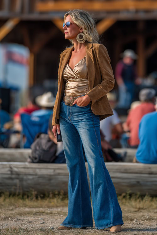 A woman over 40 wears wide-leg jeans with a tucked-in satin blouse, paired with a suede jacket and heeled cowboy boots, styled with hoop earrings at an outdoor barn concert
