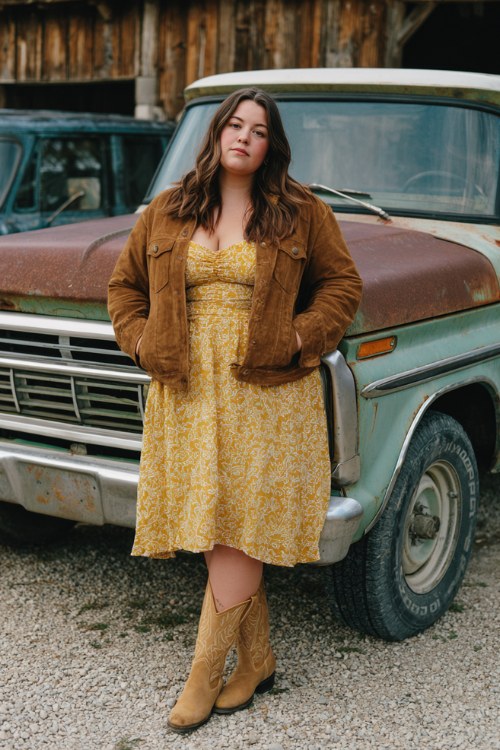 A plus-size woman wears a gold brocade midi dress with puffed sleeves, paired with tan cowboy boots and a suede jacket