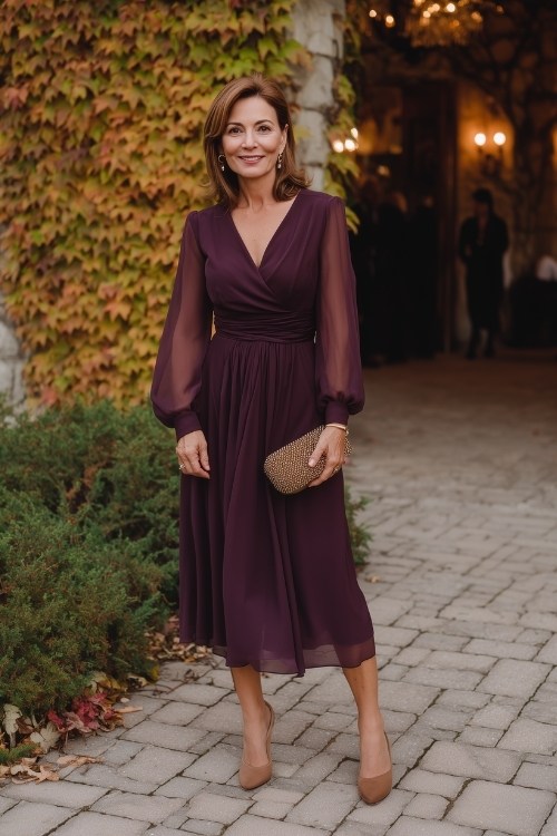 A woman over 50 wears a plum chiffon midi wedding guest dress with sheer sleeves and holds a sparkly gold clutch