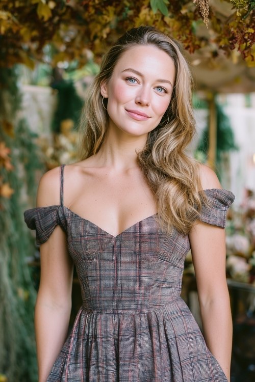 a woman wears a gray plaid wedding guest dress with off shoulder sleeves for fall wedding