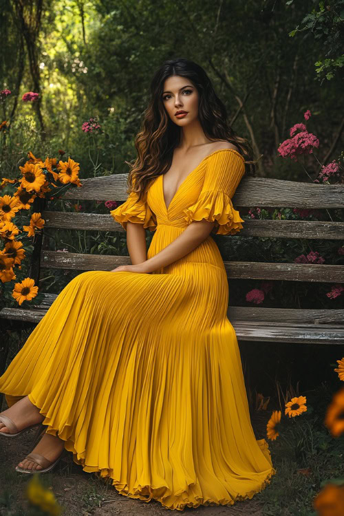 A fashionable woman in a sunflower yellow A-line floor-length dress with a pleated hemline, short flutter sleeves