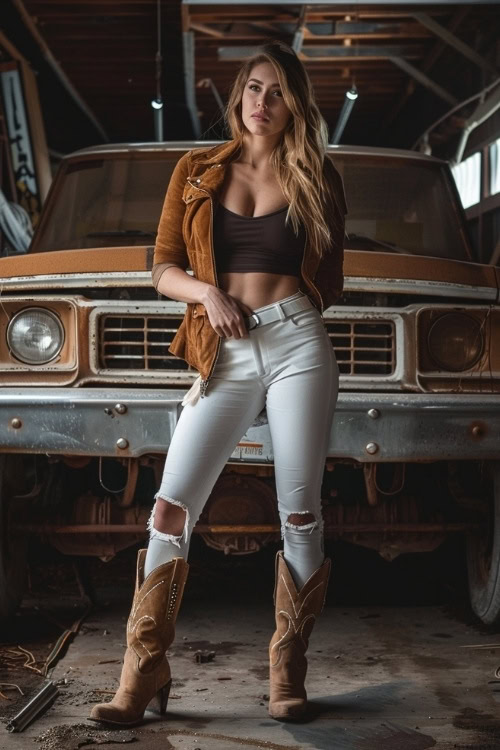 a woman wears brown cowboy boots, a black blouse, a brown jacket and ripped pants