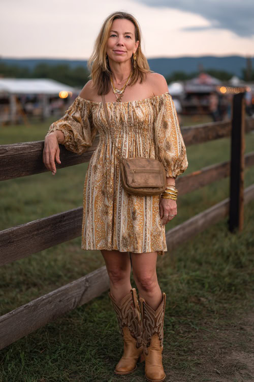 A woman over 40 in a boho-inspired smocked midi dress with puff sleeves and tan western boots, accessorized with gold jewelry and a small crossbody bag