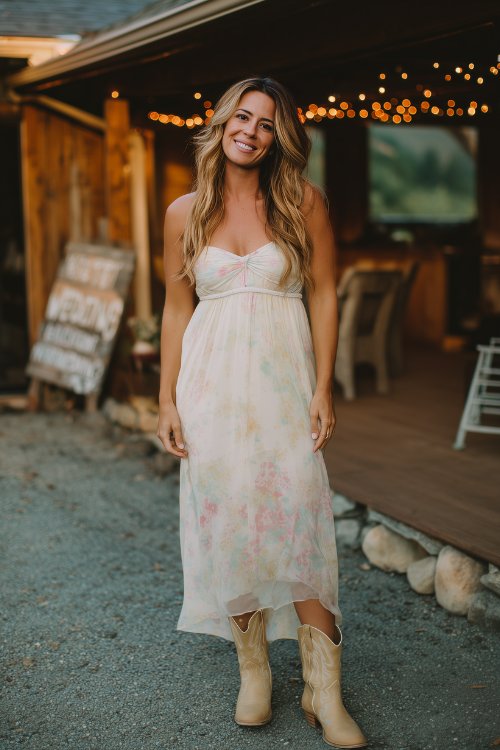 A woman in a white maxi dress with pastel floral print and a sheer overlay, paired with light tan cowboy boots