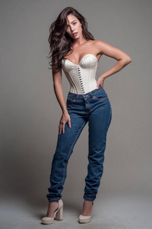A mid-size woman in high-waisted jeans with a fitted corset-style top and block heels, styled for a flattering and modern going-out look, simple studio background