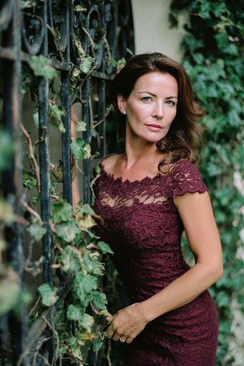 a woman over 50 in a plum lace sheath dress with scalloped hem and illusion neckline