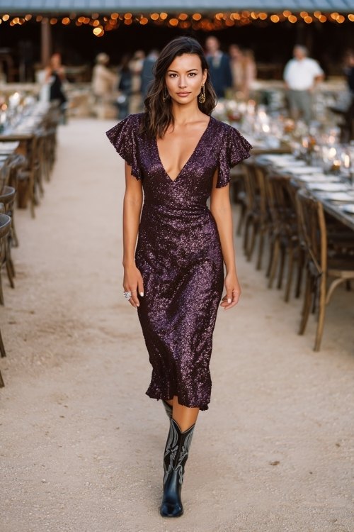 a woman in a plum sequin midi dress with a deep V-neckline and flutter sleeves, styled with black glossy cowboy boots